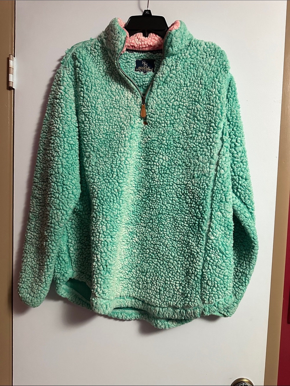 Simply Southern Mint Green Sherpa Quarter-Zip Jacket with Pink Trim
